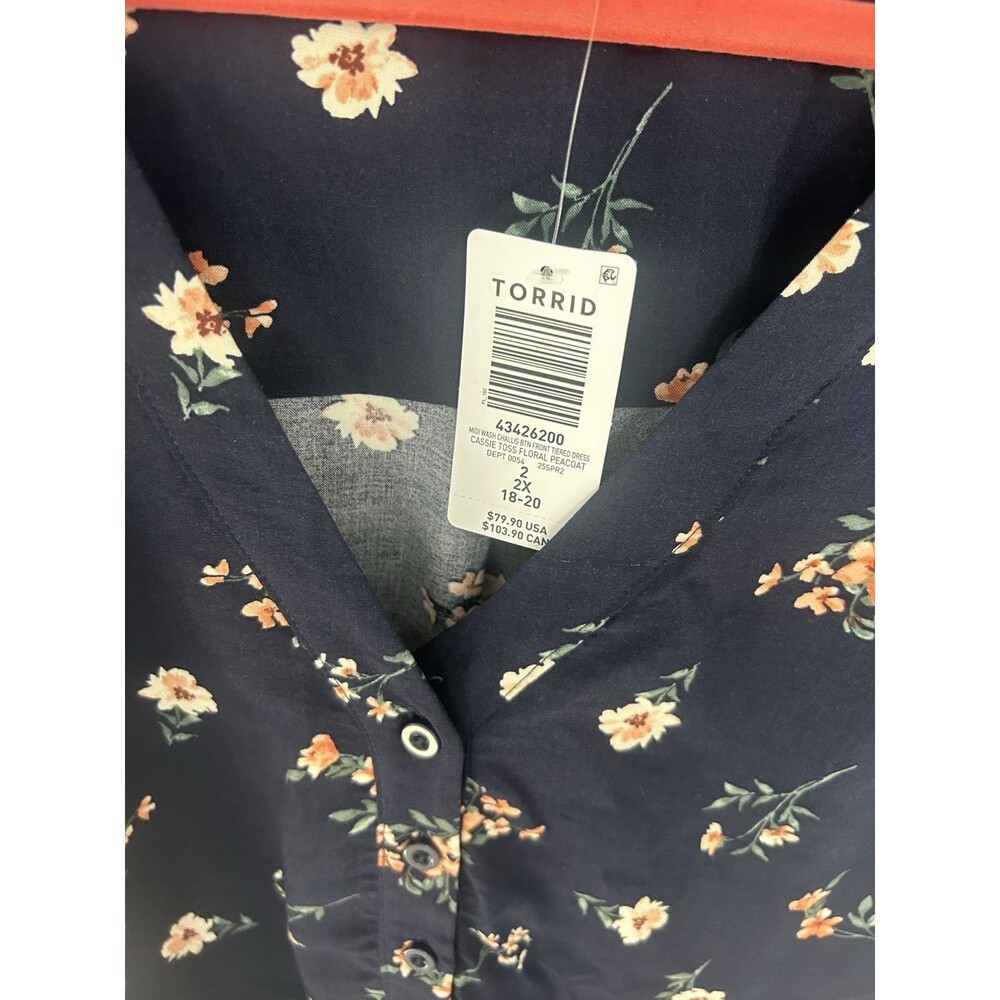 Torrid 2X Navy Floral Button Short Sleeve Ruffle Tie Midi Dress Tiered Plus Size - Picture 3 of 8
